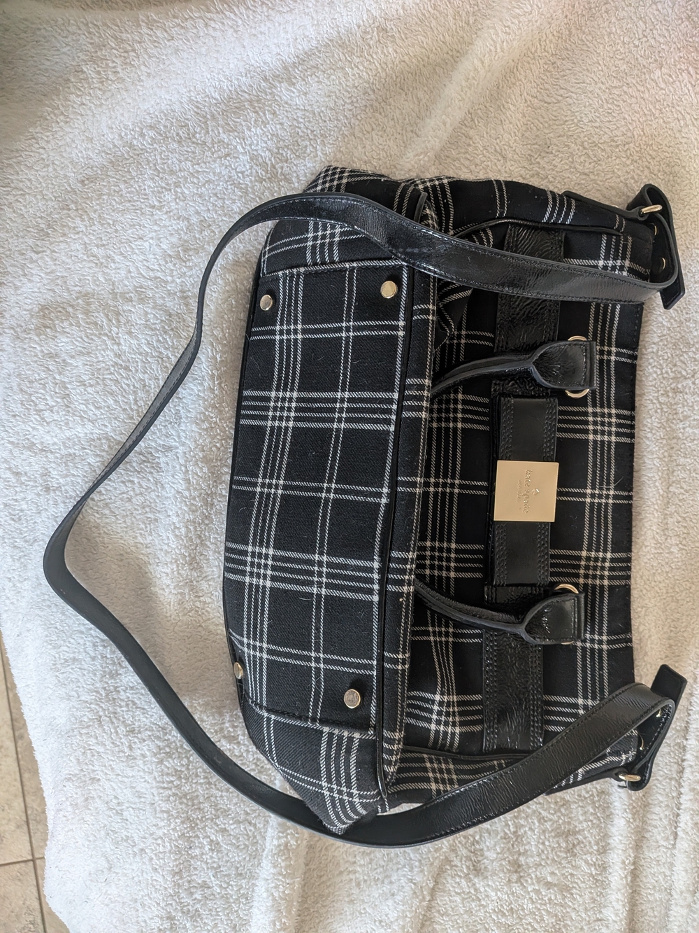 kate spade Black and White Plaid Satchel with Gold Logo Plaque